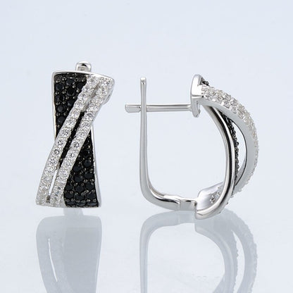 Black And White Elegant Sparkling Cubic Zirconia Sterling Silver Ring Earrings Set